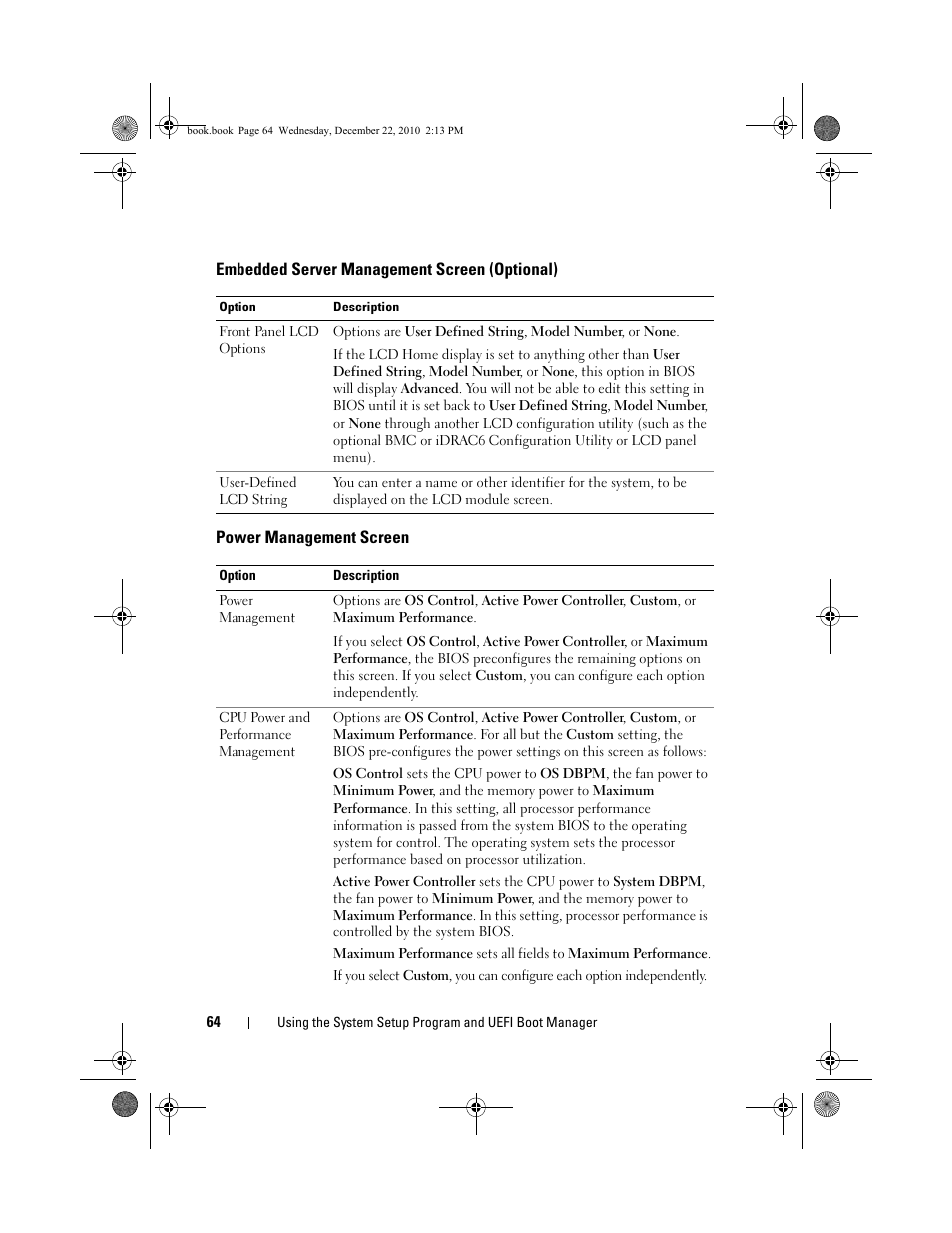 Embedded server management screen (optional), Power management screen | Dell DX6000G User Manual | Page 64 / 174