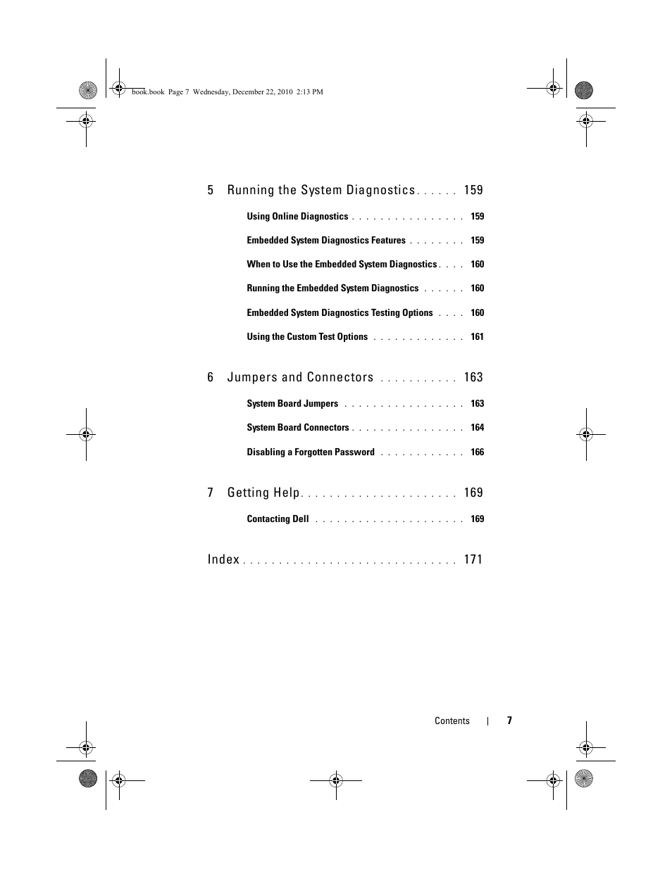 5 running the system diagnostics, 6 jumpers and connectors, 7 getting help | Index | Dell DX6000G User Manual | Page 7 / 174
