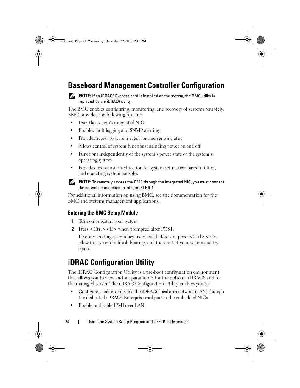 Baseboard management controller configuration, Entering the bmc setup module, Idrac configuration utility | Dell DX6000G User Manual | Page 74 / 174