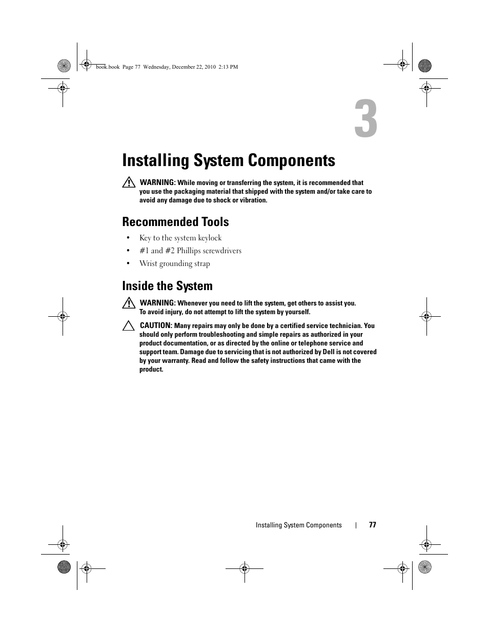 Installing system components, Recommended tools, Inside the system | Dell DX6000G User Manual | Page 77 / 174