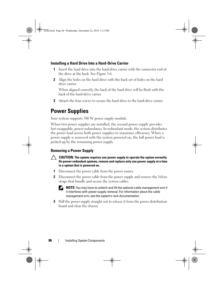 Installing a hard drive into a hard-drive carrier, Power supplies, Removing a power supply | Power supplies" on | Dell DX6000G User Manual | Page 86 / 174