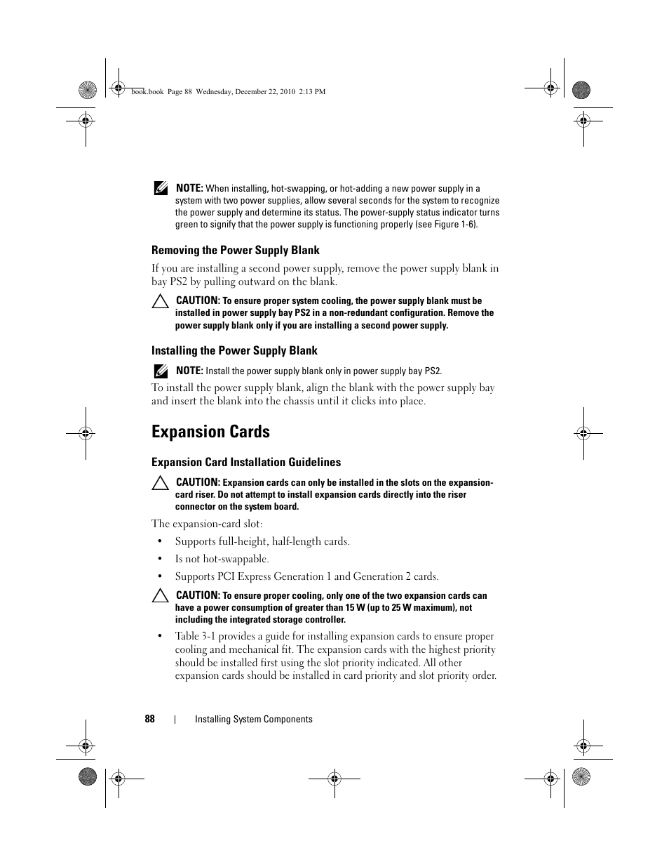 Removing the power supply blank, Installing the power supply blank, Expansion cards | Expansion card installation guidelines | Dell DX6000G User Manual | Page 88 / 174