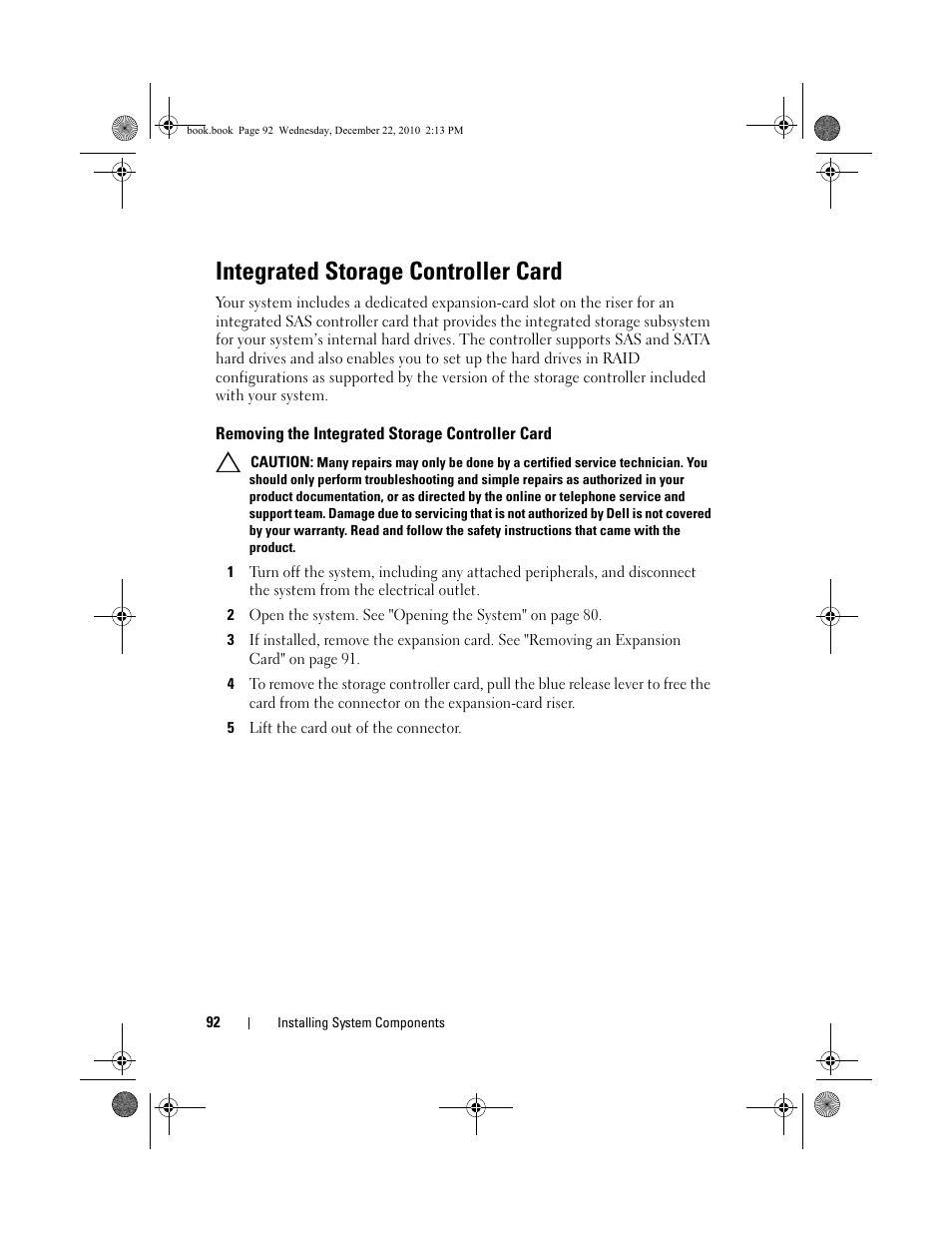 Integrated storage controller card, Removing the integrated storage controller card | Dell DX6000G User Manual | Page 92 / 174