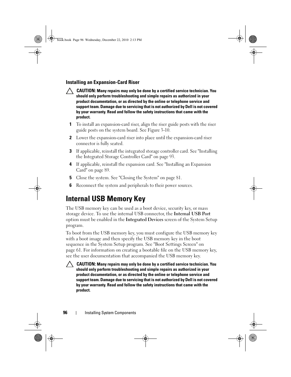 Installing an expansion-card riser, Internal usb memory key | Dell DX6000G User Manual | Page 96 / 174