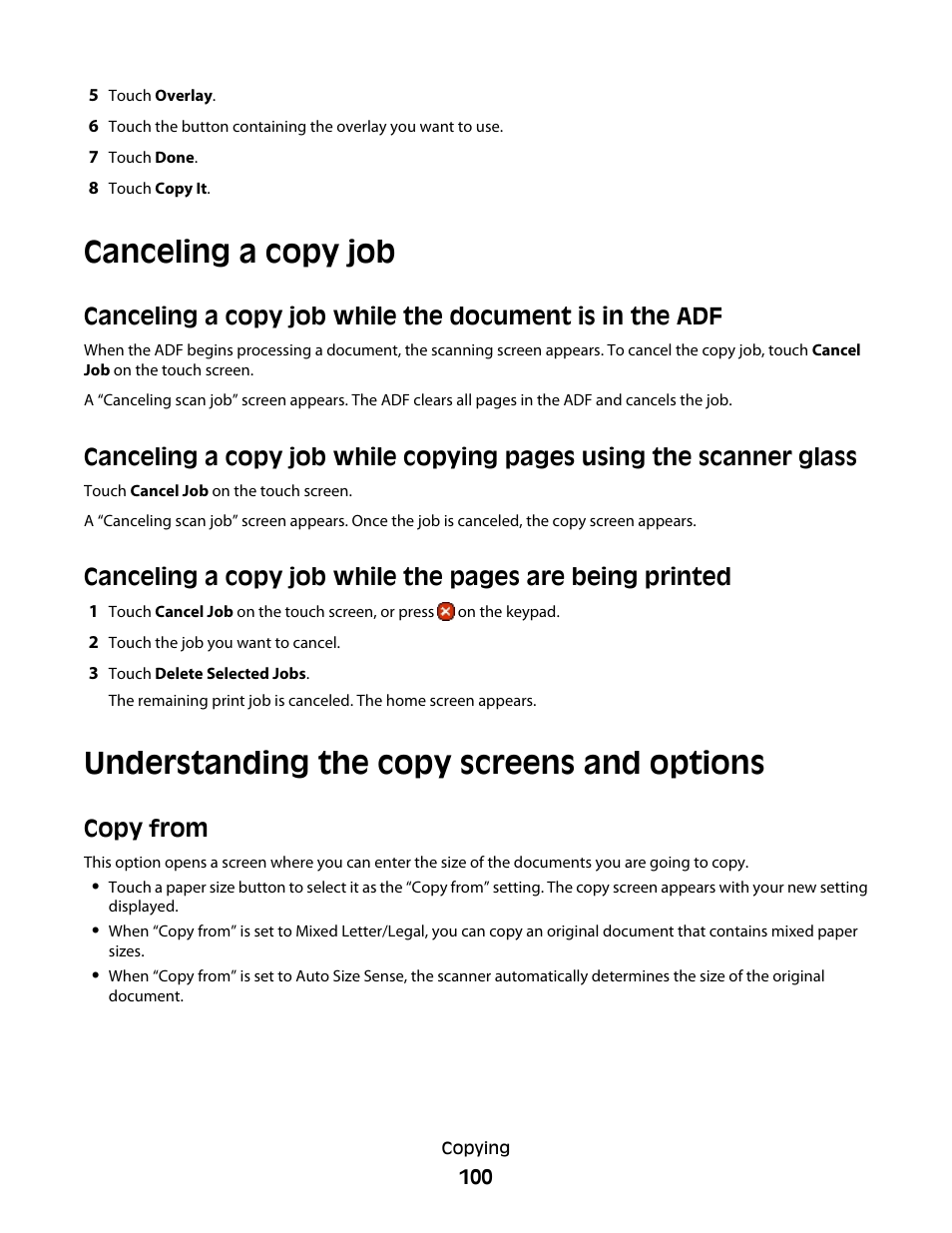 Canceling a copy job, Understanding the copy screens and options, Copy from | Dell 5535dn Mono Laser MFP User Manual | Page 100 / 302