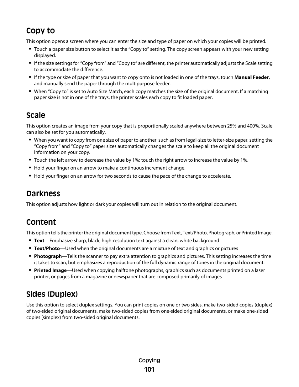 Copy to, Scale, Darkness | Content, Sides (duplex), Copy to scale darkness content sides (duplex) | Dell 5535dn Mono Laser MFP User Manual | Page 101 / 302