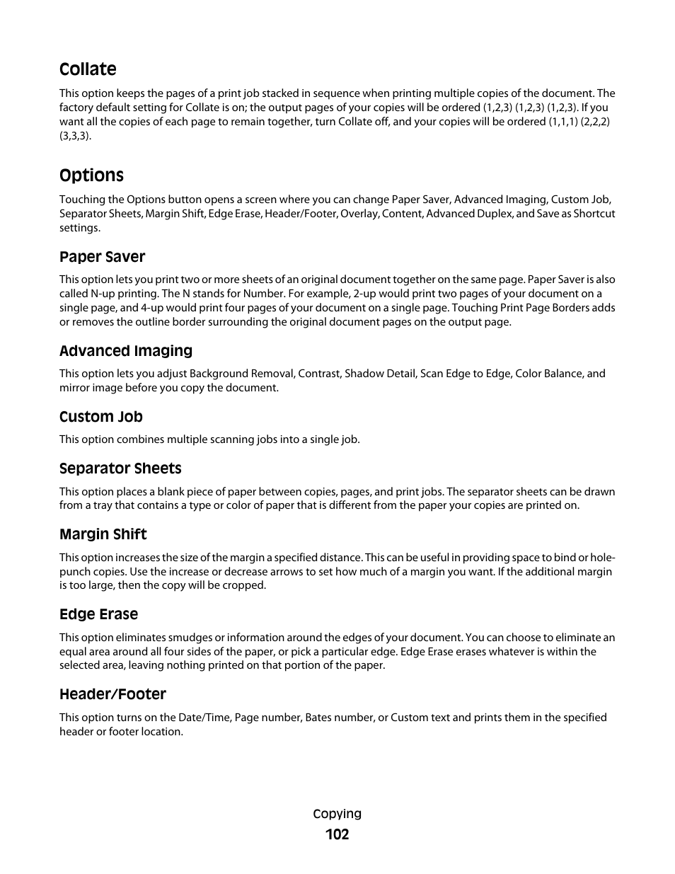 Collate, Options, Collate options | Dell 5535dn Mono Laser MFP User Manual | Page 102 / 302