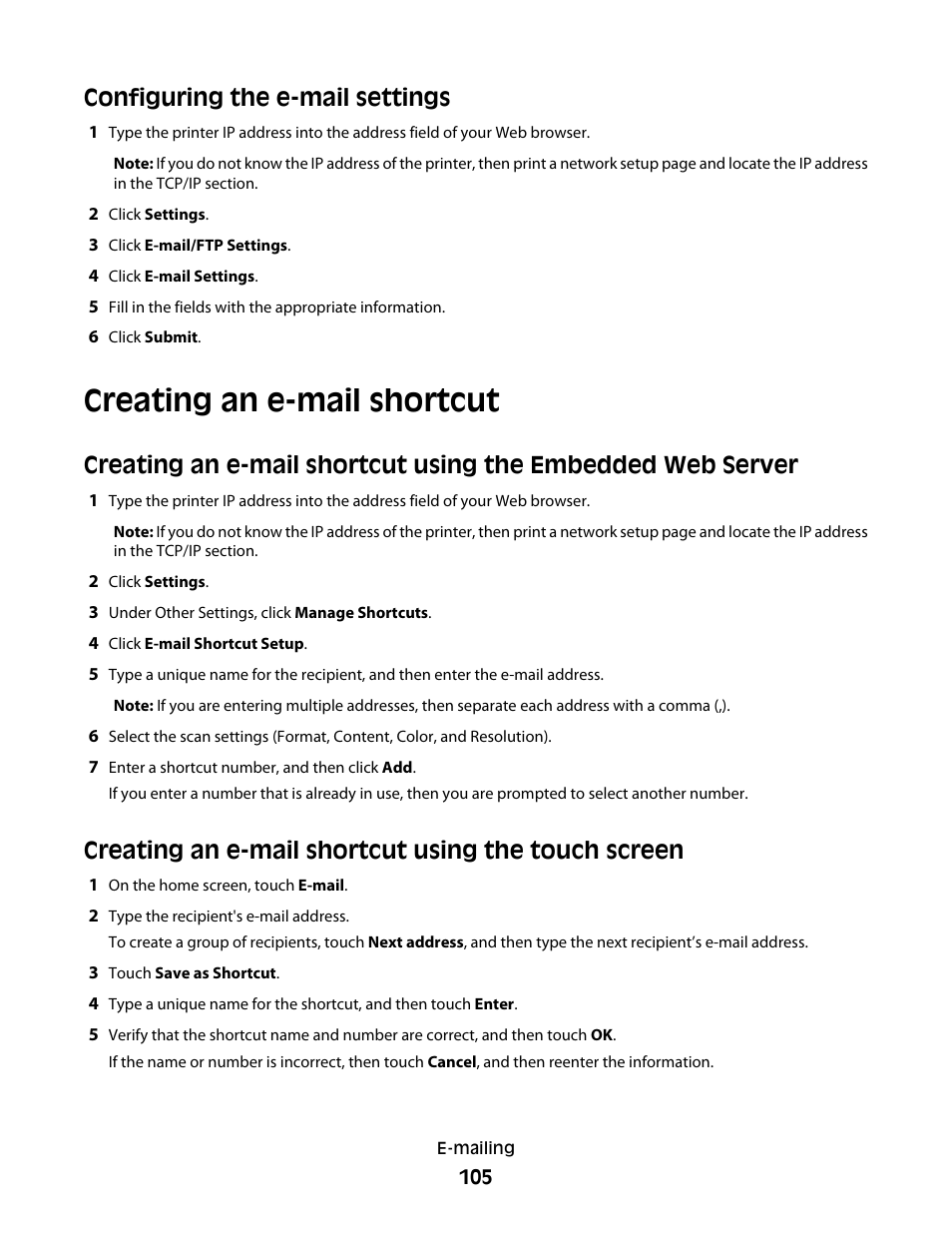 Configuring the e-mail settings, Creating an e-mail shortcut, Creating an e-mail shortcut using the touch screen | Dell 5535dn Mono Laser MFP User Manual | Page 105 / 302
