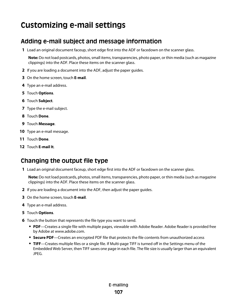 Customizing e-mail settings, Adding e-mail subject and message information, Changing the output file type | Dell 5535dn Mono Laser MFP User Manual | Page 107 / 302