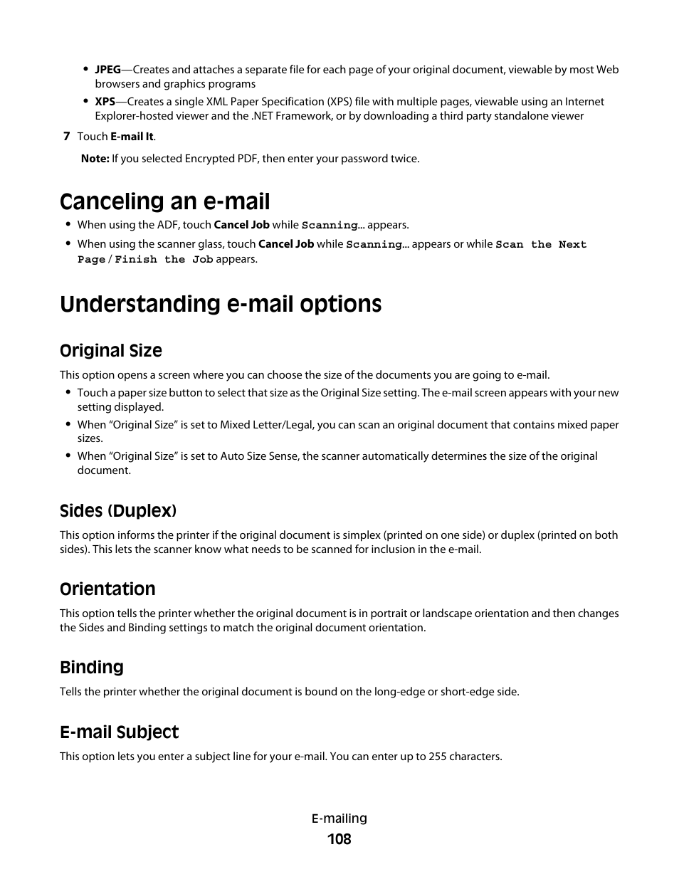 Canceling an e-mail, Understanding e-mail options, Original size | Sides (duplex), Orientation, Binding, E-mail subject, Canceling an e-mail understanding e-mail options | Dell 5535dn Mono Laser MFP User Manual | Page 108 / 302