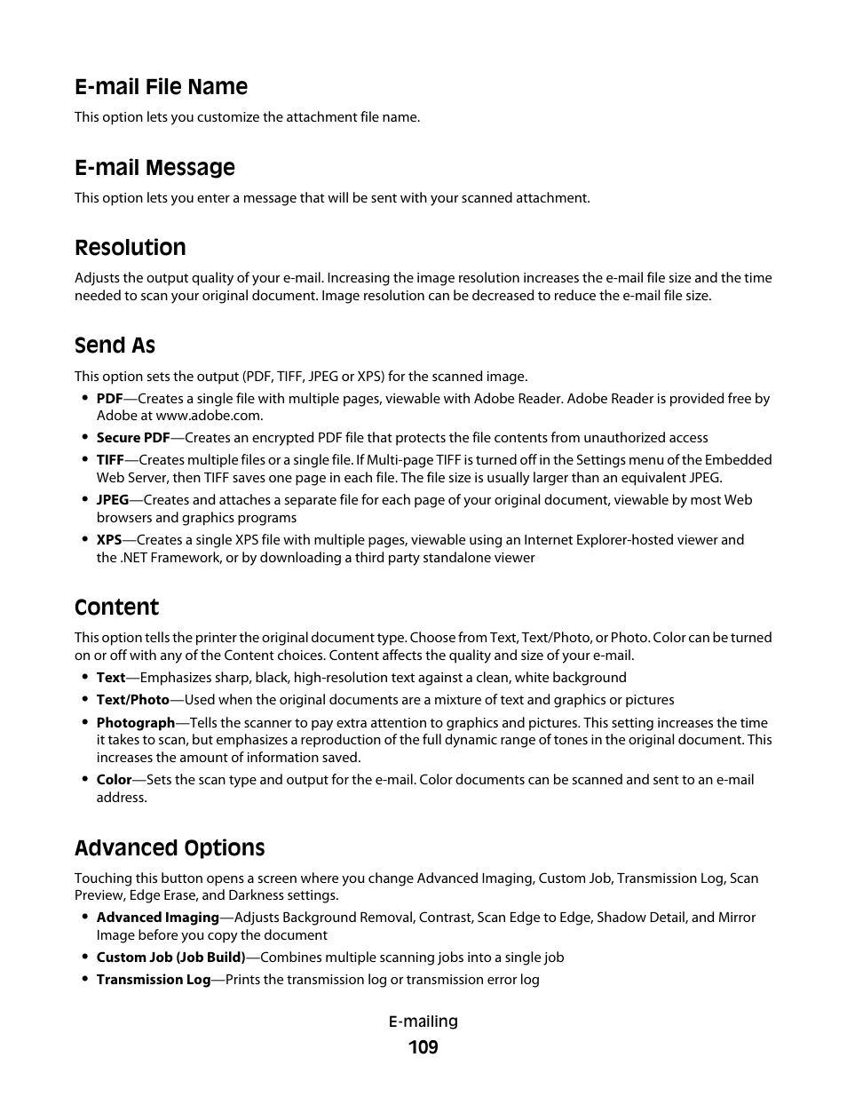 E-mail file name, E-mail message, Resolution | Send as, Content, Advanced options | Dell 5535dn Mono Laser MFP User Manual | Page 109 / 302