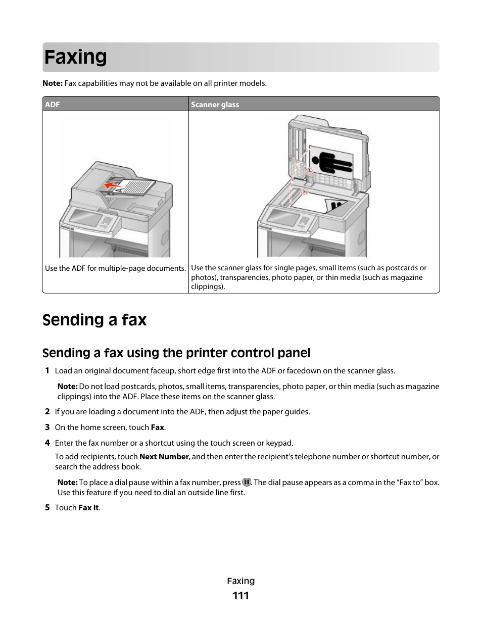 Faxing, Sending a fax, Sending a fax using the printer control panel | Dell 5535dn Mono Laser MFP User Manual | Page 111 / 302