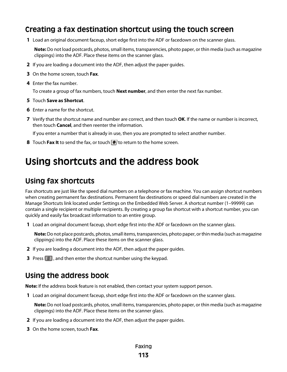 Using shortcuts and the address book, Using fax shortcuts, Using the address book | Using fax shortcuts using the address book | Dell 5535dn Mono Laser MFP User Manual | Page 113 / 302