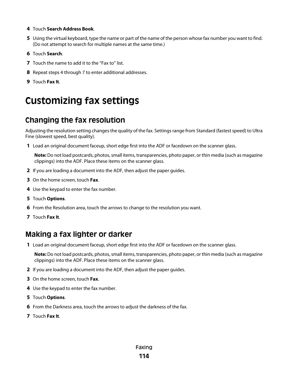 Customizing fax settings, Changing the fax resolution, Making a fax lighter or darker | Dell 5535dn Mono Laser MFP User Manual | Page 114 / 302