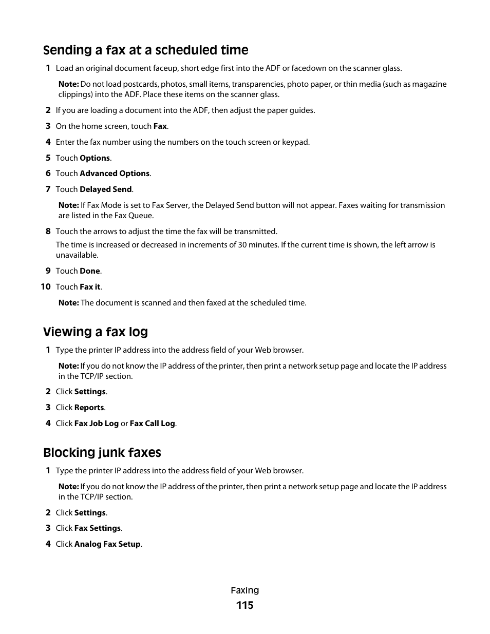 Sending a fax at a scheduled time, Viewing a fax log, Blocking junk faxes | Dell 5535dn Mono Laser MFP User Manual | Page 115 / 302