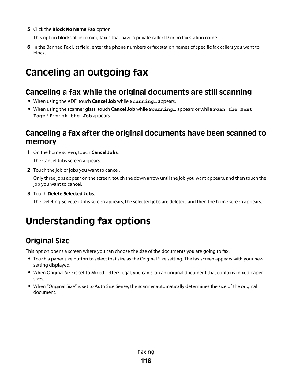 Canceling an outgoing fax, Understanding fax options, Original size | Dell 5535dn Mono Laser MFP User Manual | Page 116 / 302