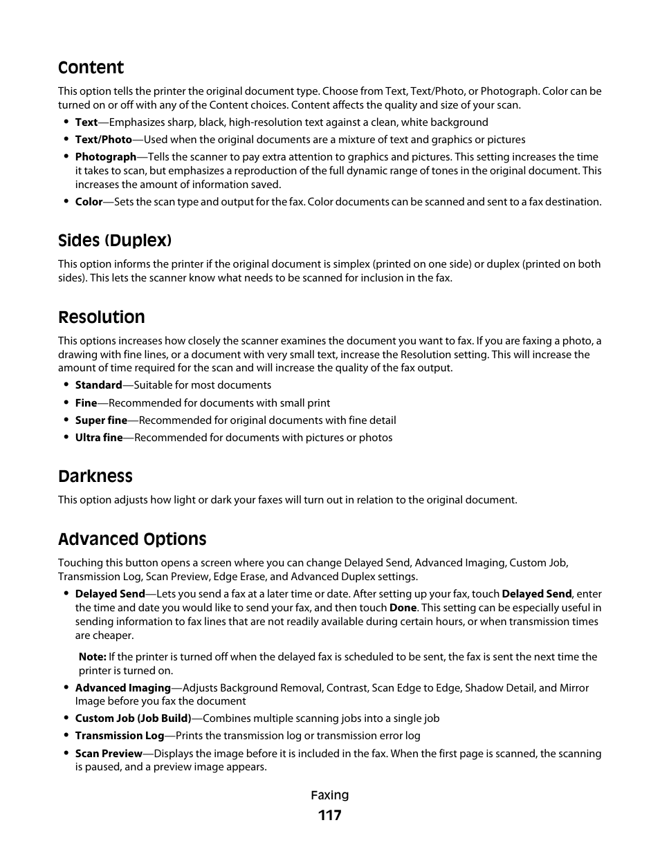 Content, Sides (duplex), Resolution | Darkness, Advanced options | Dell 5535dn Mono Laser MFP User Manual | Page 117 / 302