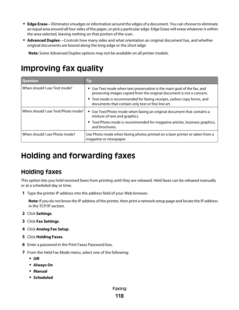 Improving fax quality, Holding and forwarding faxes, Holding faxes | Improving fax quality holding and forwarding faxes | Dell 5535dn Mono Laser MFP User Manual | Page 118 / 302