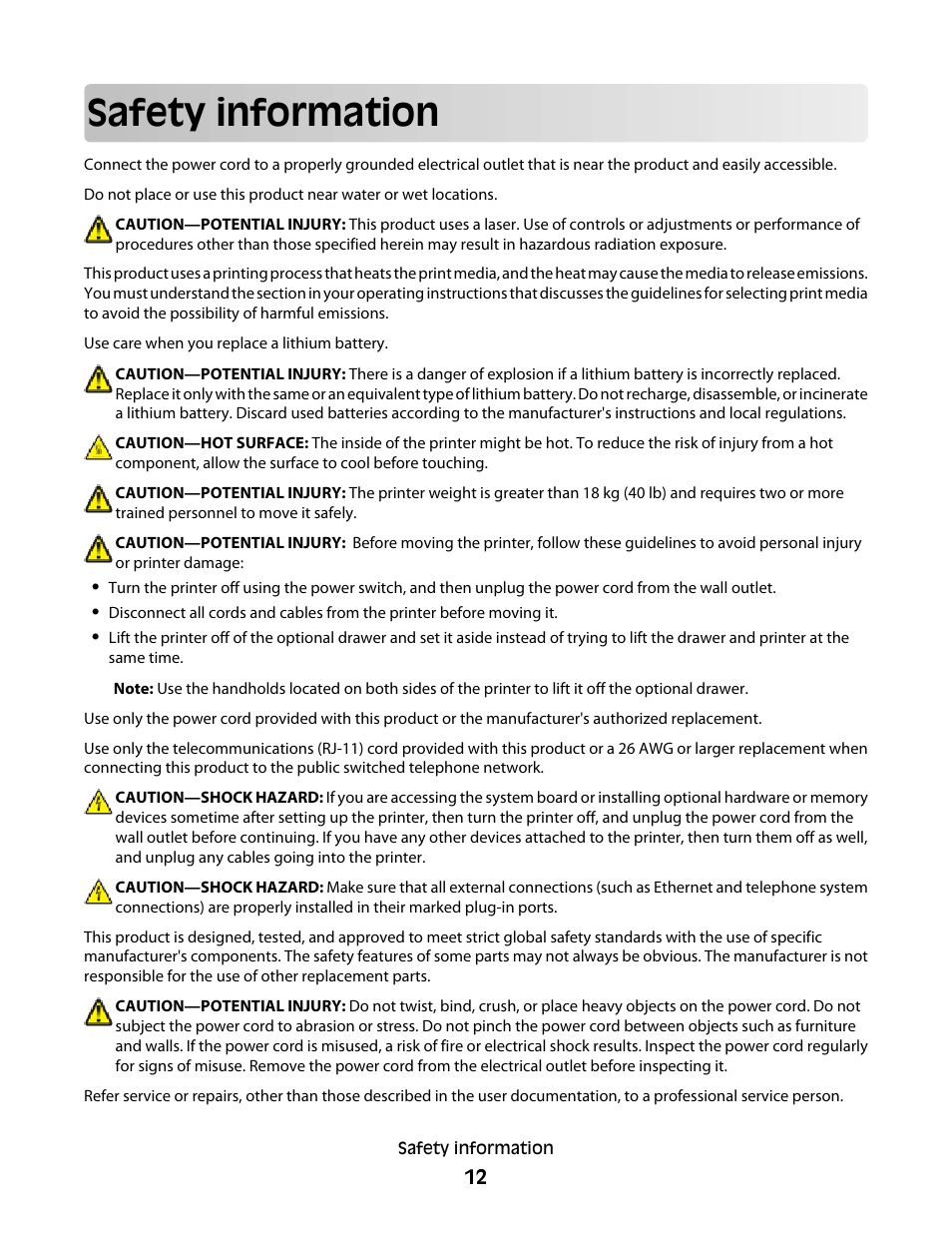 Safety information | Dell 5535dn Mono Laser MFP User Manual | Page 12 / 302