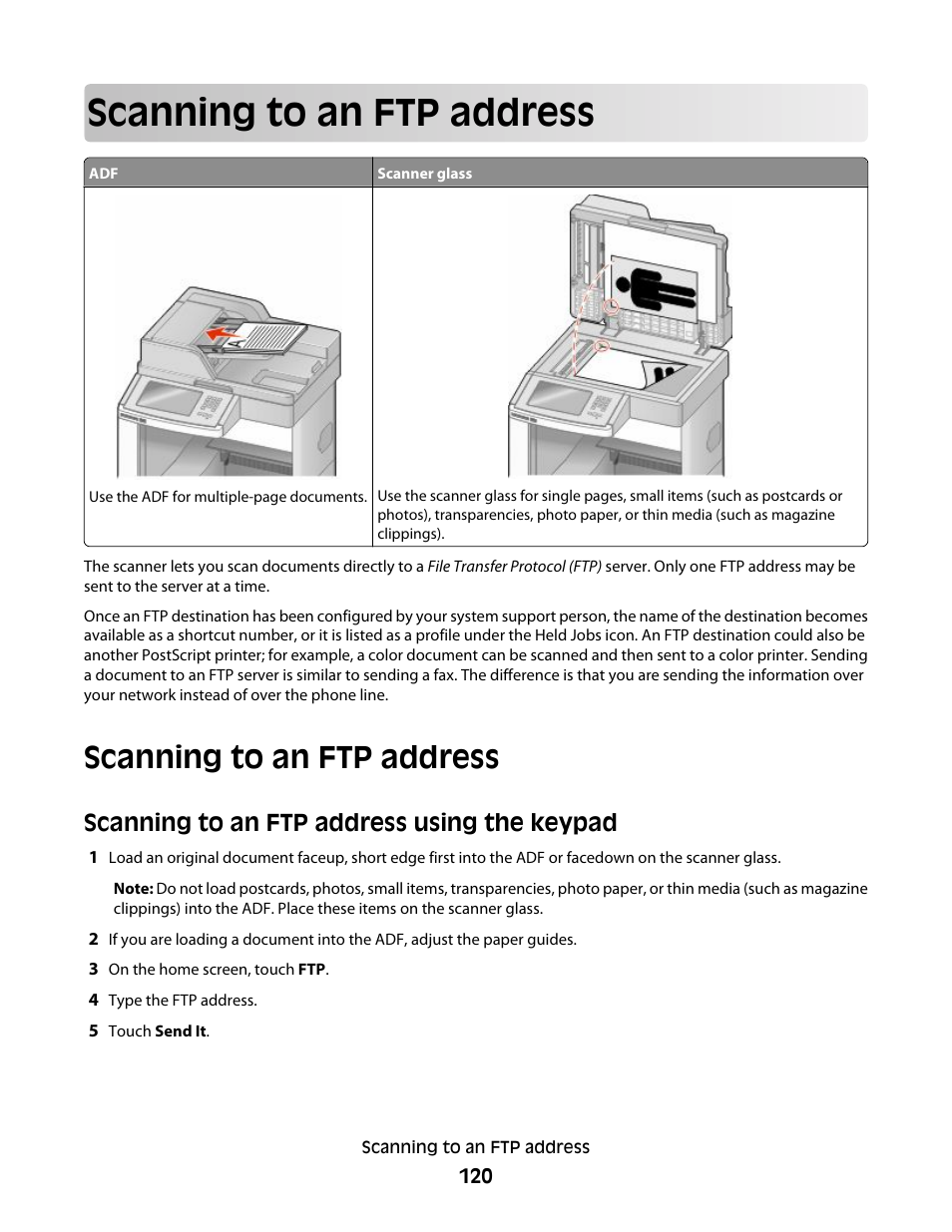 Scanning to an ftp address, Scanning to an ftp address using the keypad | Dell 5535dn Mono Laser MFP User Manual | Page 120 / 302