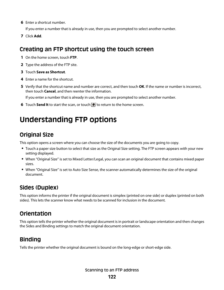 Creating an ftp shortcut using the touch screen, Understanding ftp options, Original size | Sides (duplex), Orientation, Binding, Original size sides (duplex) orientation binding | Dell 5535dn Mono Laser MFP User Manual | Page 122 / 302