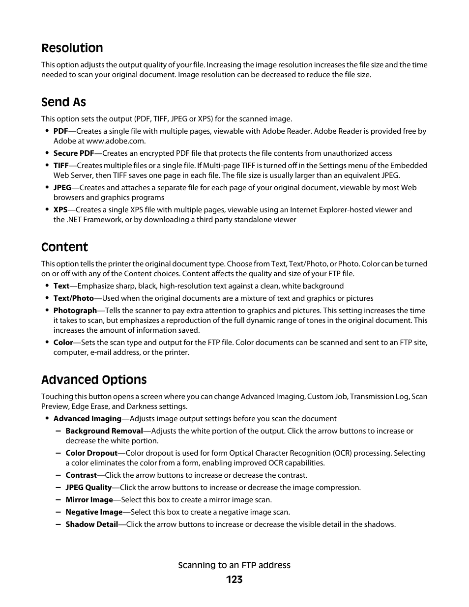 Resolution, Send as, Content | Advanced options, Resolution send as content advanced options | Dell 5535dn Mono Laser MFP User Manual | Page 123 / 302