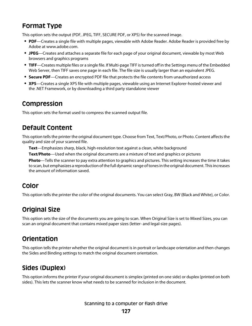 Format type, Compression, Default content | Color, Original size, Orientation, Sides (duplex) | Dell 5535dn Mono Laser MFP User Manual | Page 127 / 302