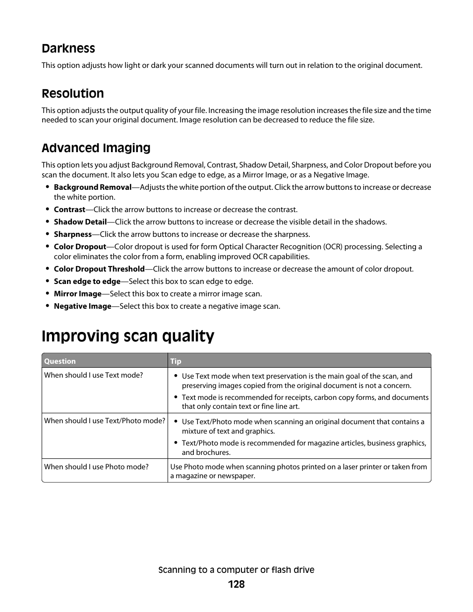 Darkness, Resolution, Advanced imaging | Improving scan quality, Darkness resolution advanced imaging | Dell 5535dn Mono Laser MFP User Manual | Page 128 / 302