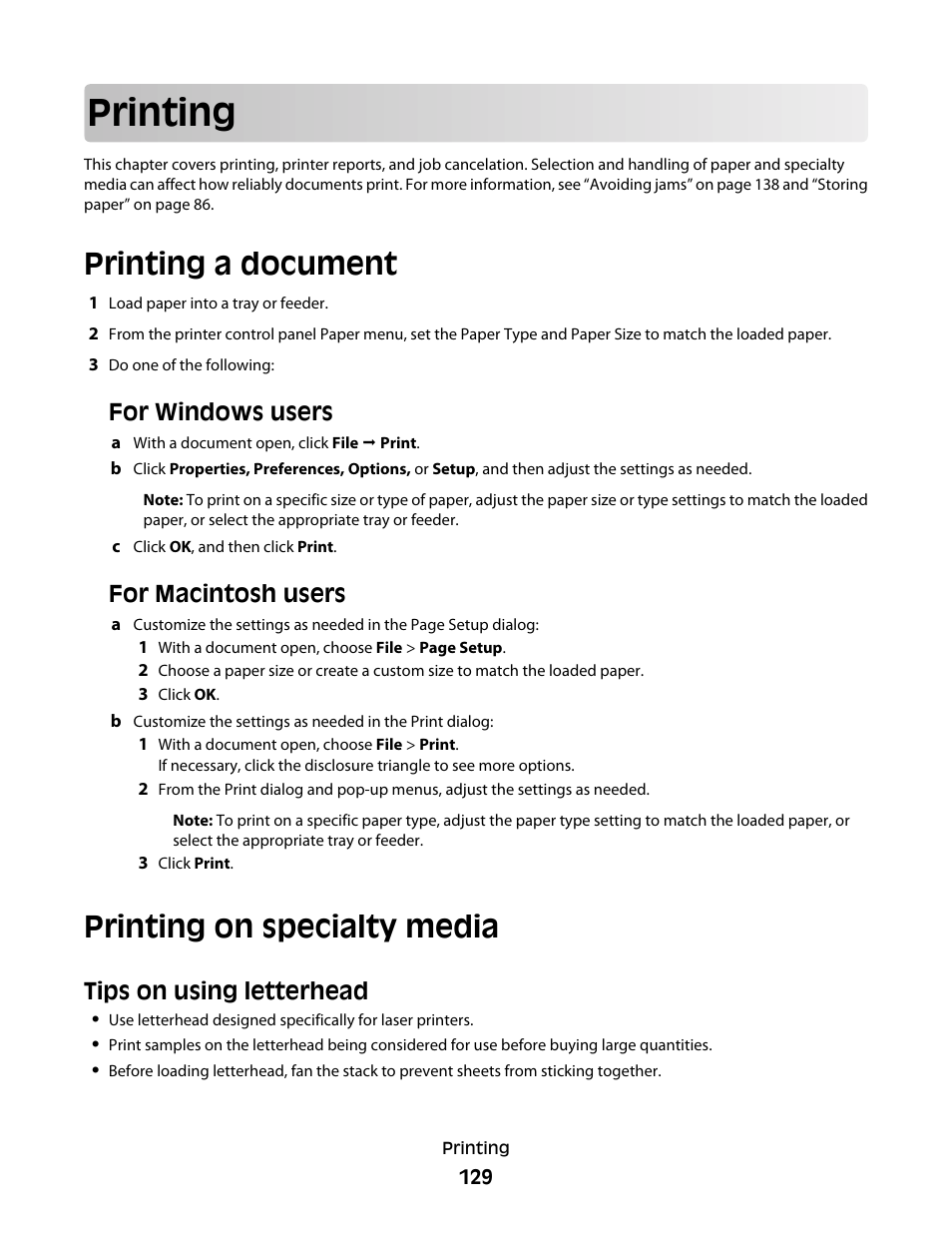 Printing, Printing a document, Printing on specialty media | Tips on using letterhead, Printing a document printing on specialty media, For windows users, For macintosh users | Dell 5535dn Mono Laser MFP User Manual | Page 129 / 302