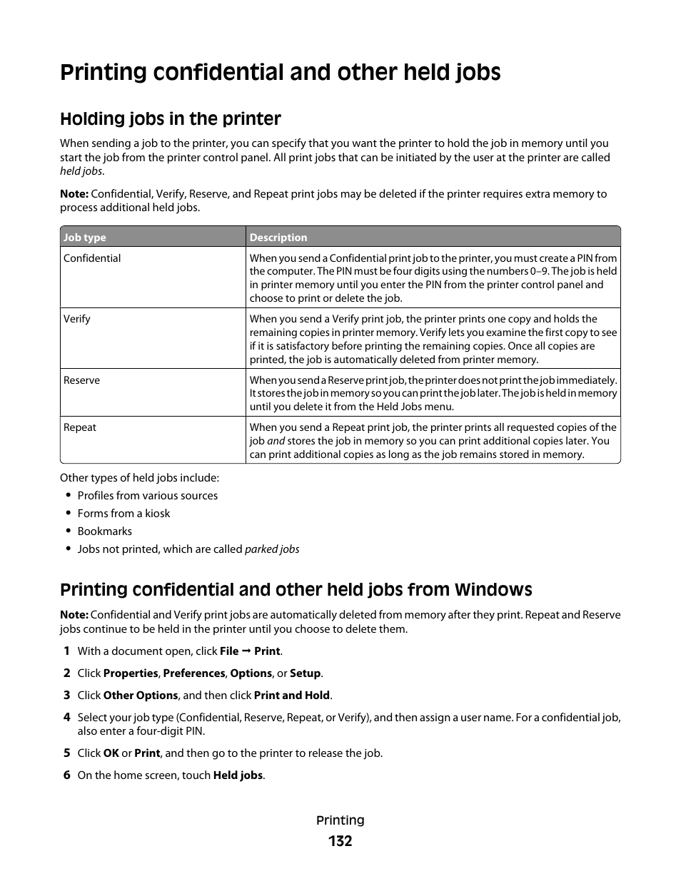 Printing confidential and other held jobs, Holding jobs in the printer | Dell 5535dn Mono Laser MFP User Manual | Page 132 / 302