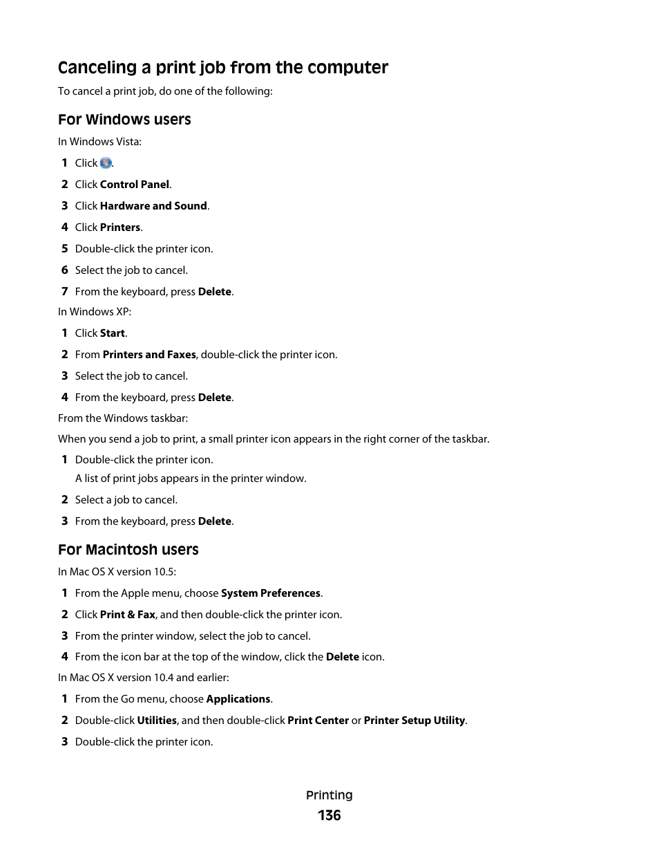 Canceling a print job from the computer | Dell 5535dn Mono Laser MFP User Manual | Page 136 / 302