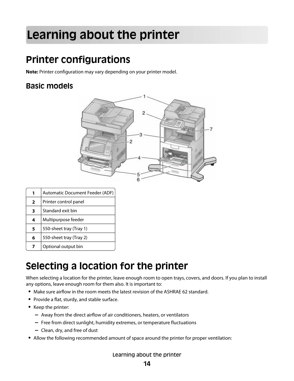 Learning about the printer, Printer configurations, Selecting a location for the printer | Basic models | Dell 5535dn Mono Laser MFP User Manual | Page 14 / 302