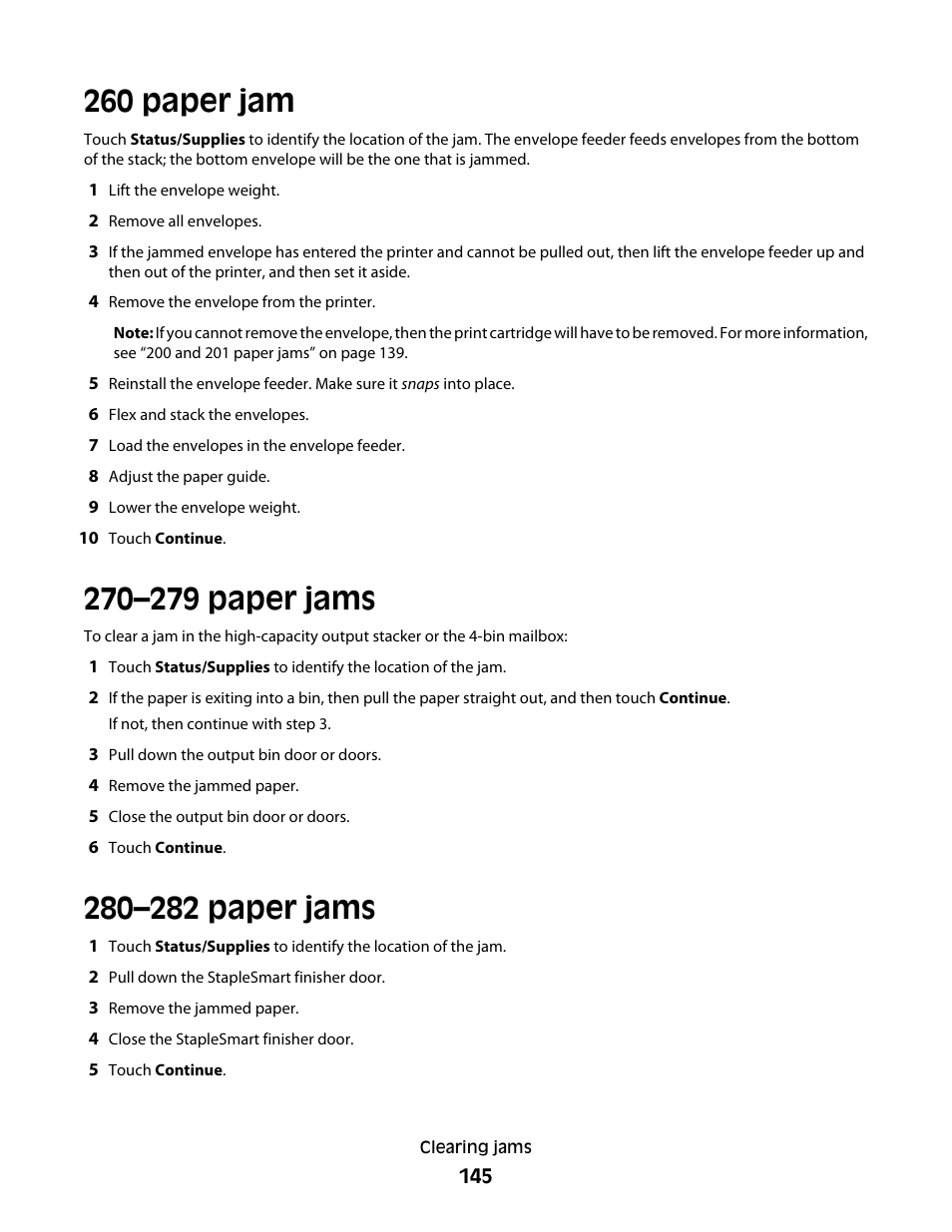 260 paper jam, 270–279 paper jams, 280–282 paper jams | Dell 5535dn Mono Laser MFP User Manual | Page 145 / 302