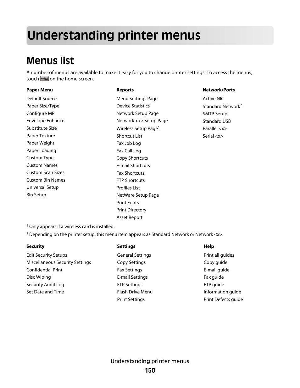 Understanding printer menus, Menus list | Dell 5535dn Mono Laser MFP User Manual | Page 150 / 302