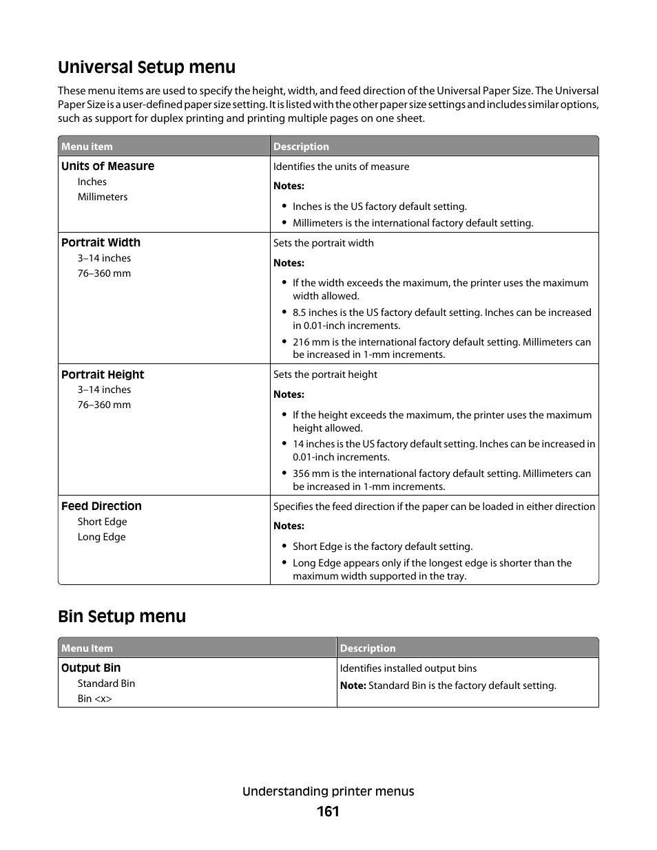 Universal setup menu, Bin setup menu, Universal setup menu bin setup menu | Dell 5535dn Mono Laser MFP User Manual | Page 161 / 302