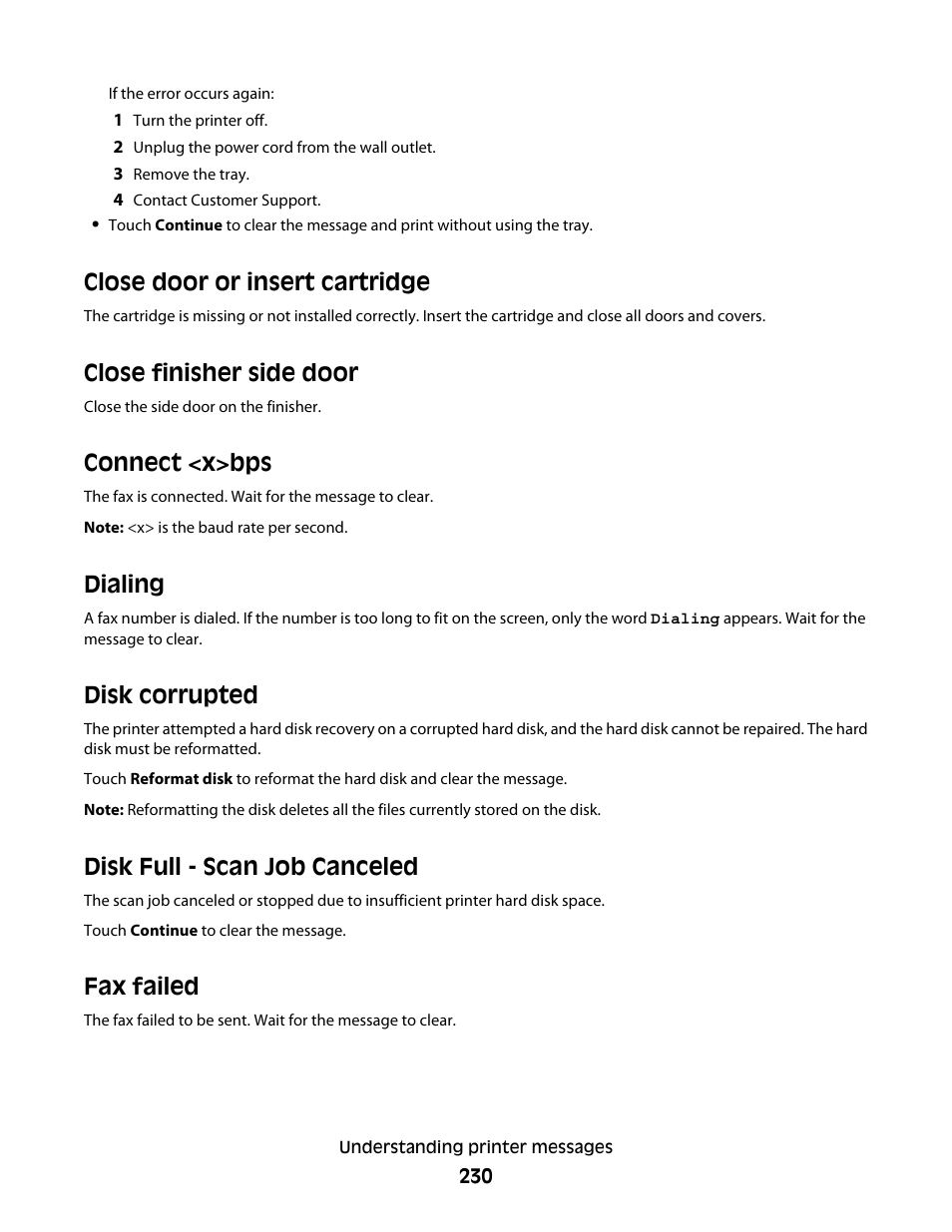 Close door or insert cartridge, Close finisher side door, Connect <x>bps | Dialing, Disk corrupted, Disk full - scan job canceled, Fax failed | Dell 5535dn Mono Laser MFP User Manual | Page 230 / 302