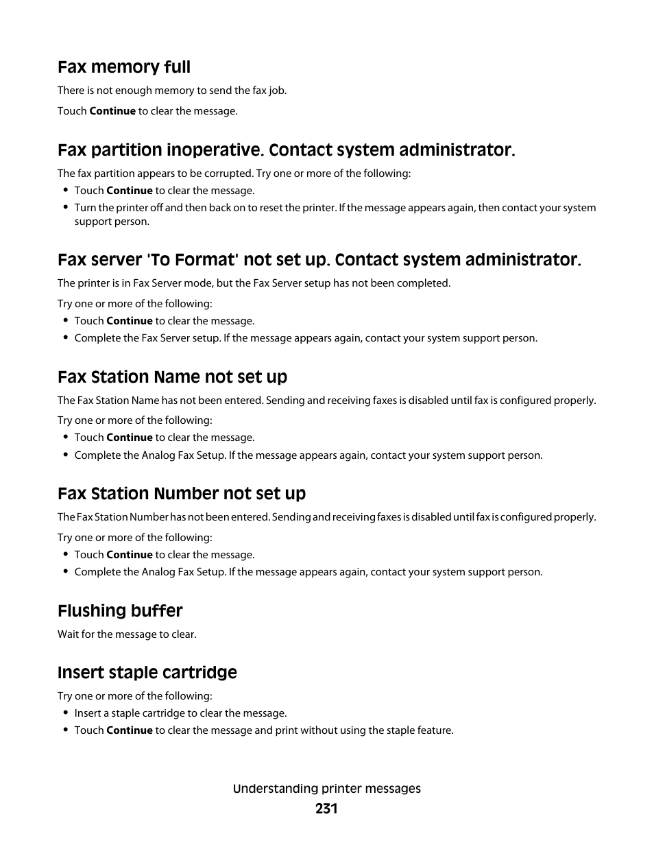 Fax memory full, Fax station name not set up, Fax station number not set up | Flushing buffer, Insert staple cartridge | Dell 5535dn Mono Laser MFP User Manual | Page 231 / 302