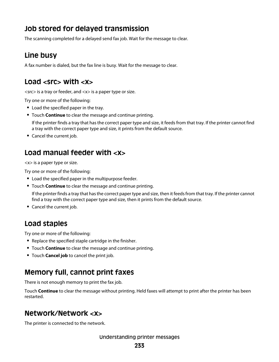 Job stored for delayed transmission, Line busy, Load <src> with <x | Load manual feeder with <x, Load staples, Memory full, cannot print faxes, Network/network <x | Dell 5535dn Mono Laser MFP User Manual | Page 233 / 302