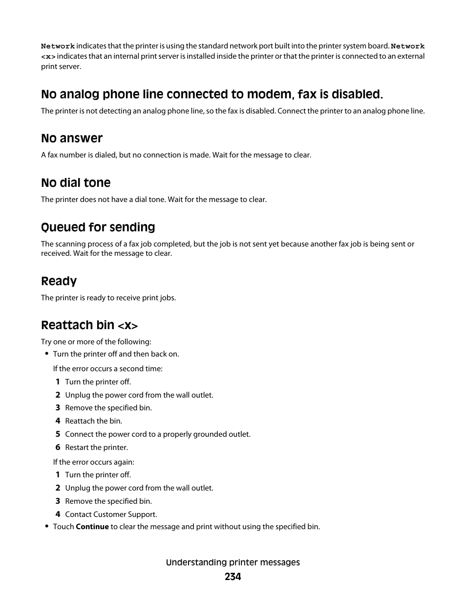 No answer, No dial tone, Queued for sending | Ready, Reattach bin <x | Dell 5535dn Mono Laser MFP User Manual | Page 234 / 302