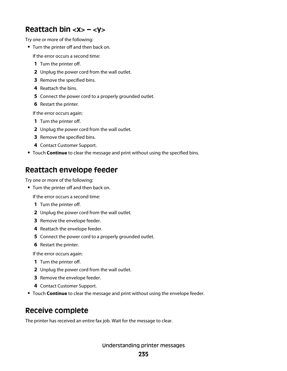 Reattach bin <x> – <y, Reattach envelope feeder, Receive complete | Dell 5535dn Mono Laser MFP User Manual | Page 235 / 302