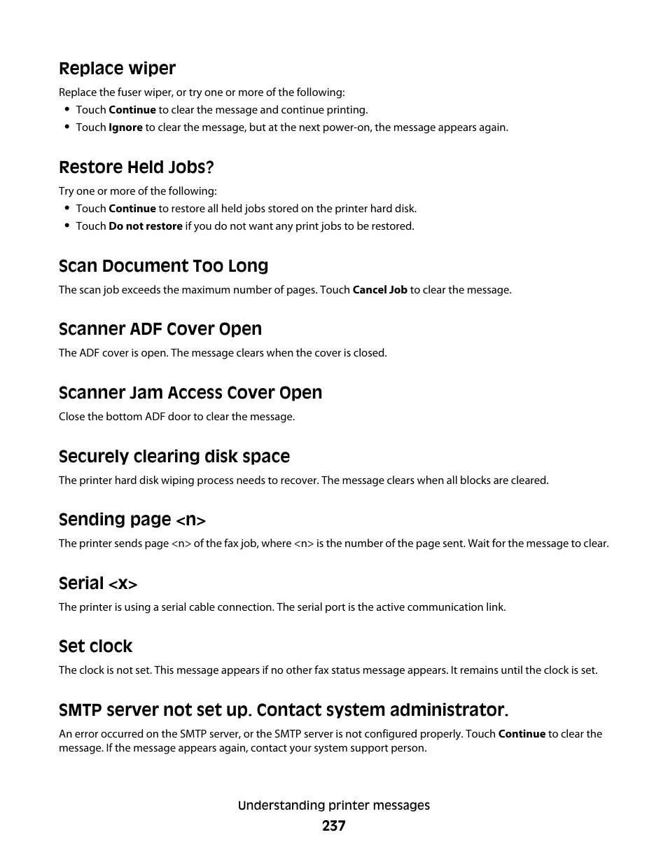 Replace wiper, Restore held jobs, Scan document too long | Scanner adf cover open, Scanner jam access cover open, Securely clearing disk space, Serial <x, Set clock, Sending page <n | Dell 5535dn Mono Laser MFP User Manual | Page 237 / 302