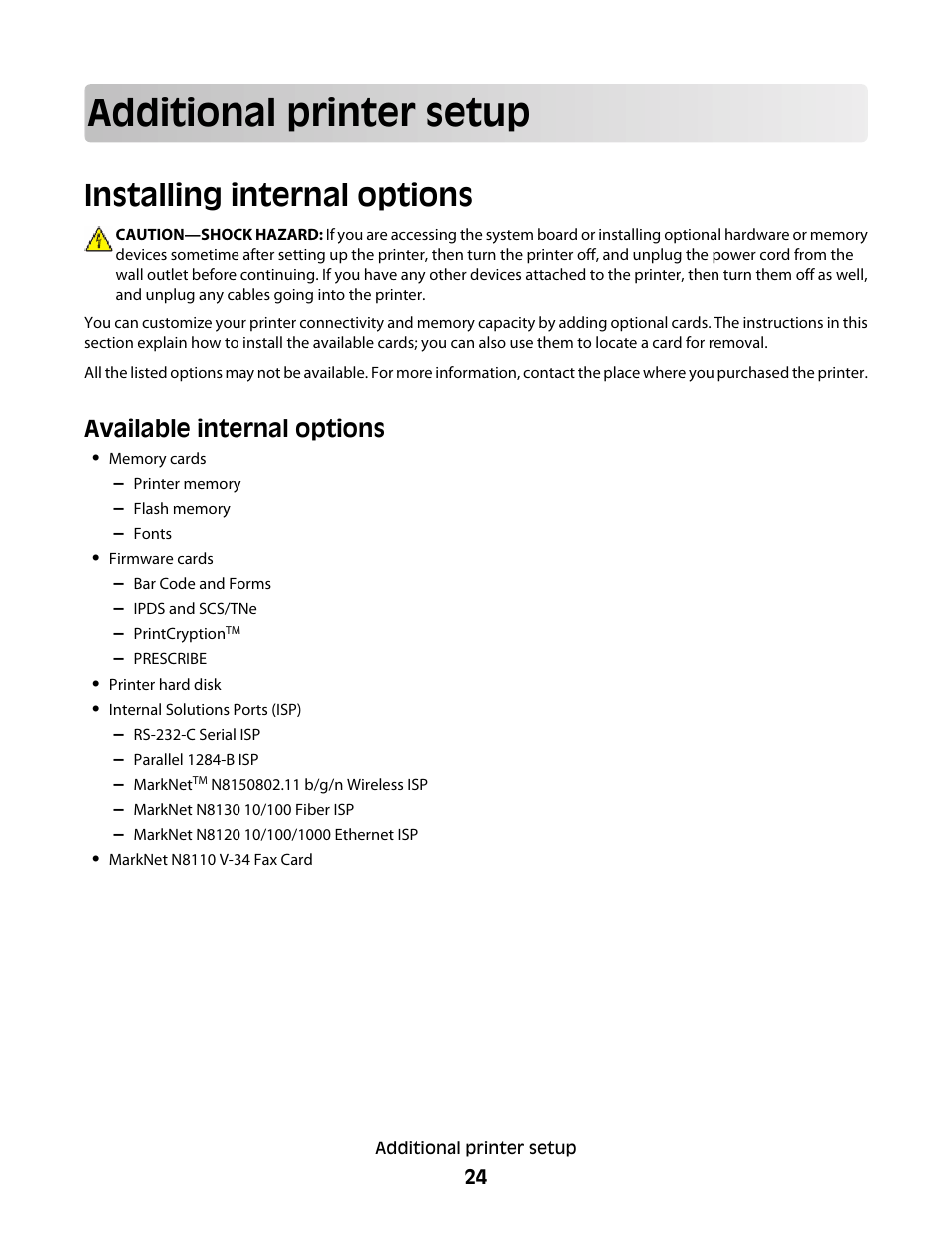 Additional printer setup, Installing internal options, Available internal options | Dell 5535dn Mono Laser MFP User Manual | Page 24 / 302