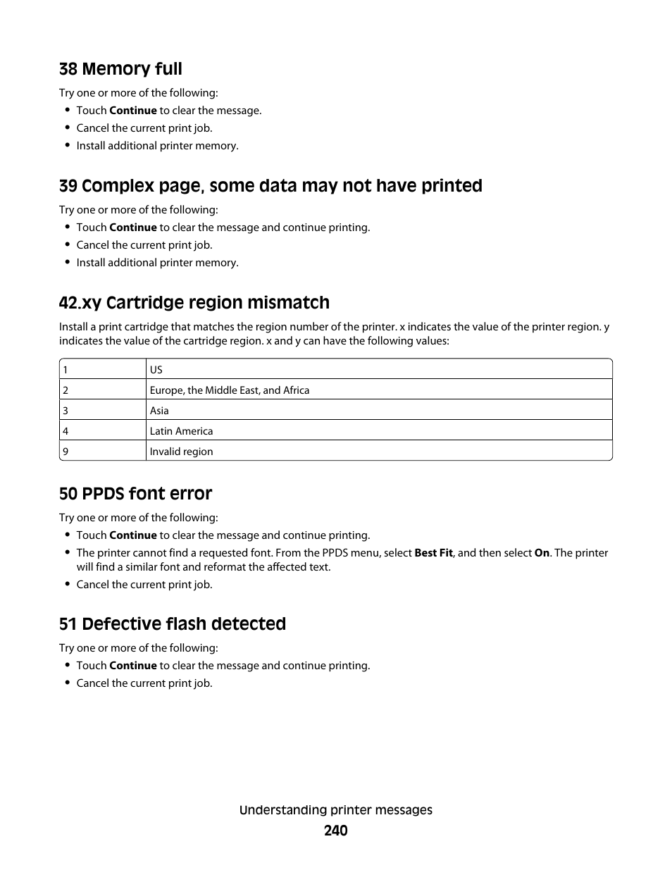 38 memory full, Xy cartridge region mismatch, 50 ppds font error | 51 defective flash detected, 39 complex page, some data may not have printed | Dell 5535dn Mono Laser MFP User Manual | Page 240 / 302