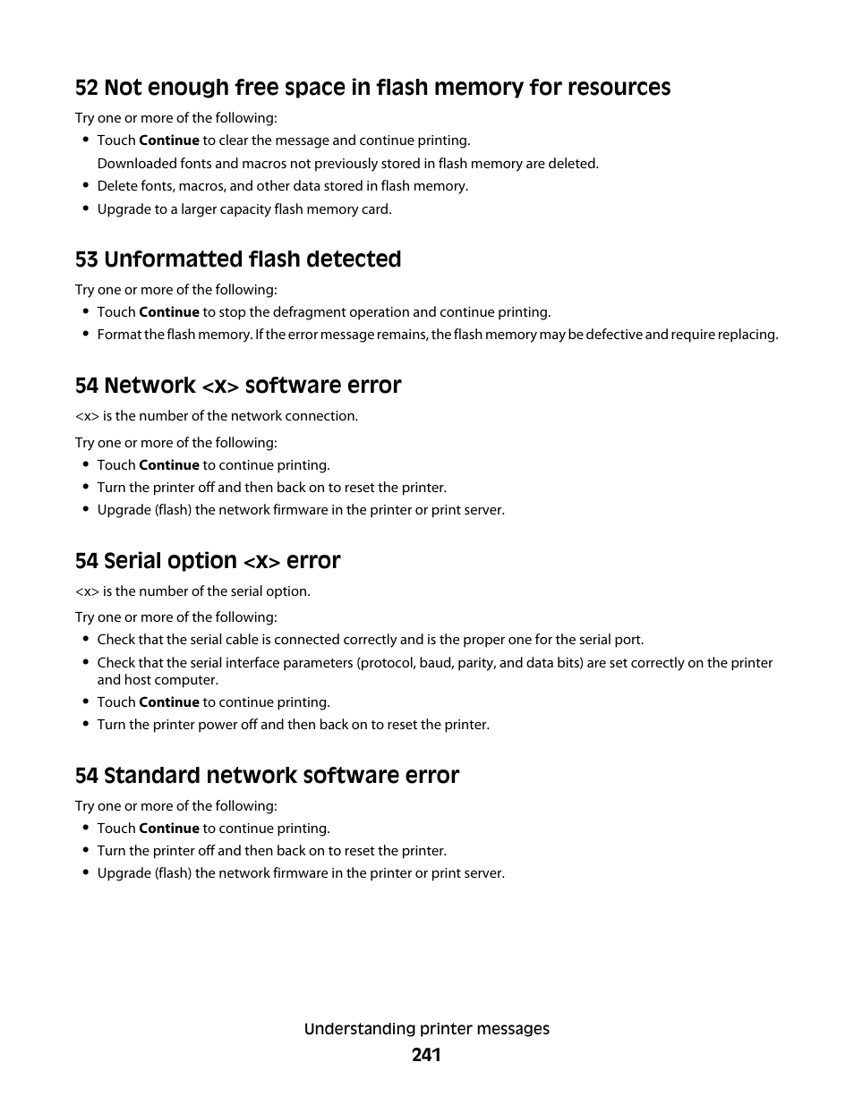 53 unformatted flash detected, 54 network <x> software error, 54 serial option <x> error | 54 standard network software error | Dell 5535dn Mono Laser MFP User Manual | Page 241 / 302