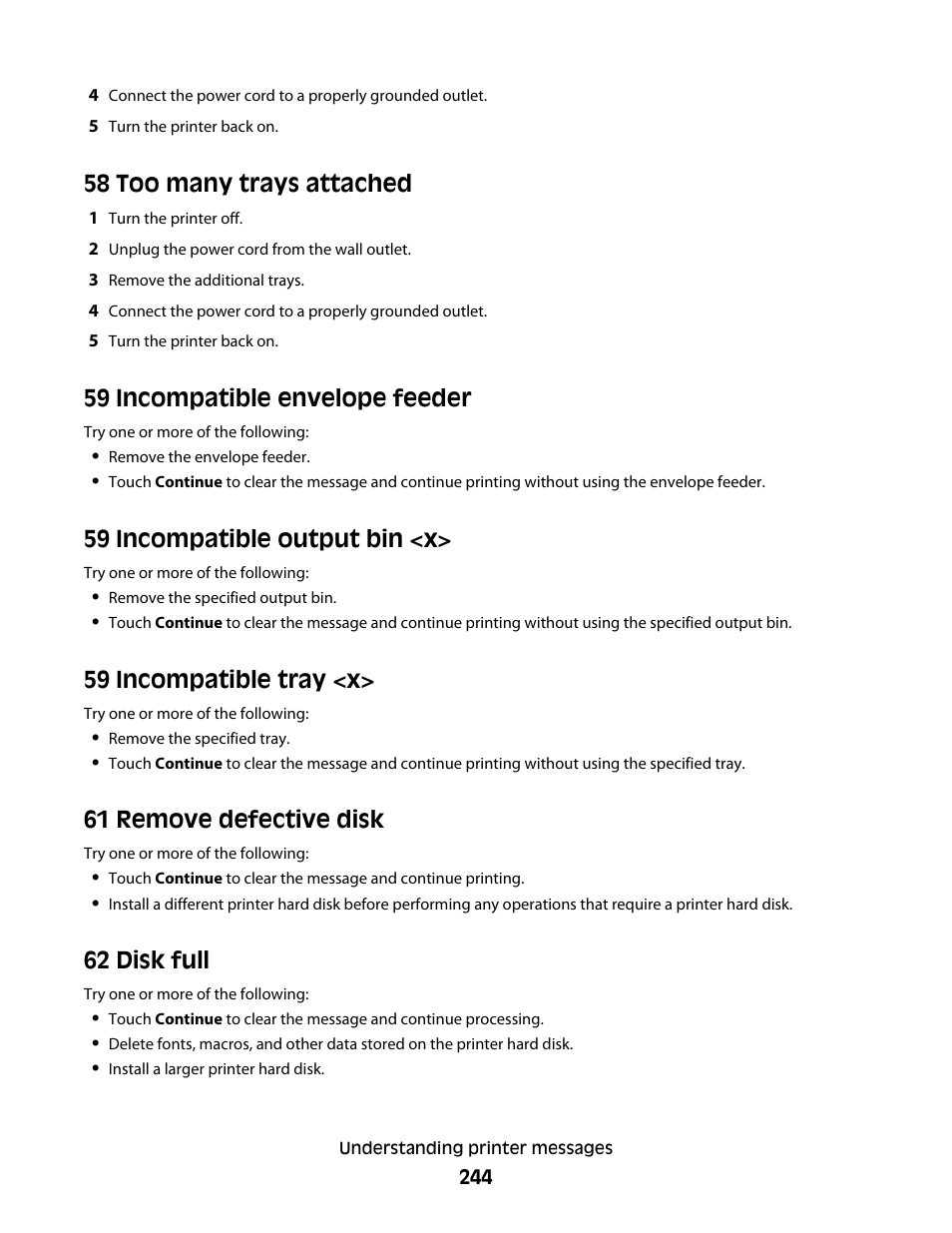 58 too many trays attached, 59 incompatible envelope feeder, 59 incompatible output bin <x | 59 incompatible tray <x, 61 remove defective disk, 62 disk full | Dell 5535dn Mono Laser MFP User Manual | Page 244 / 302