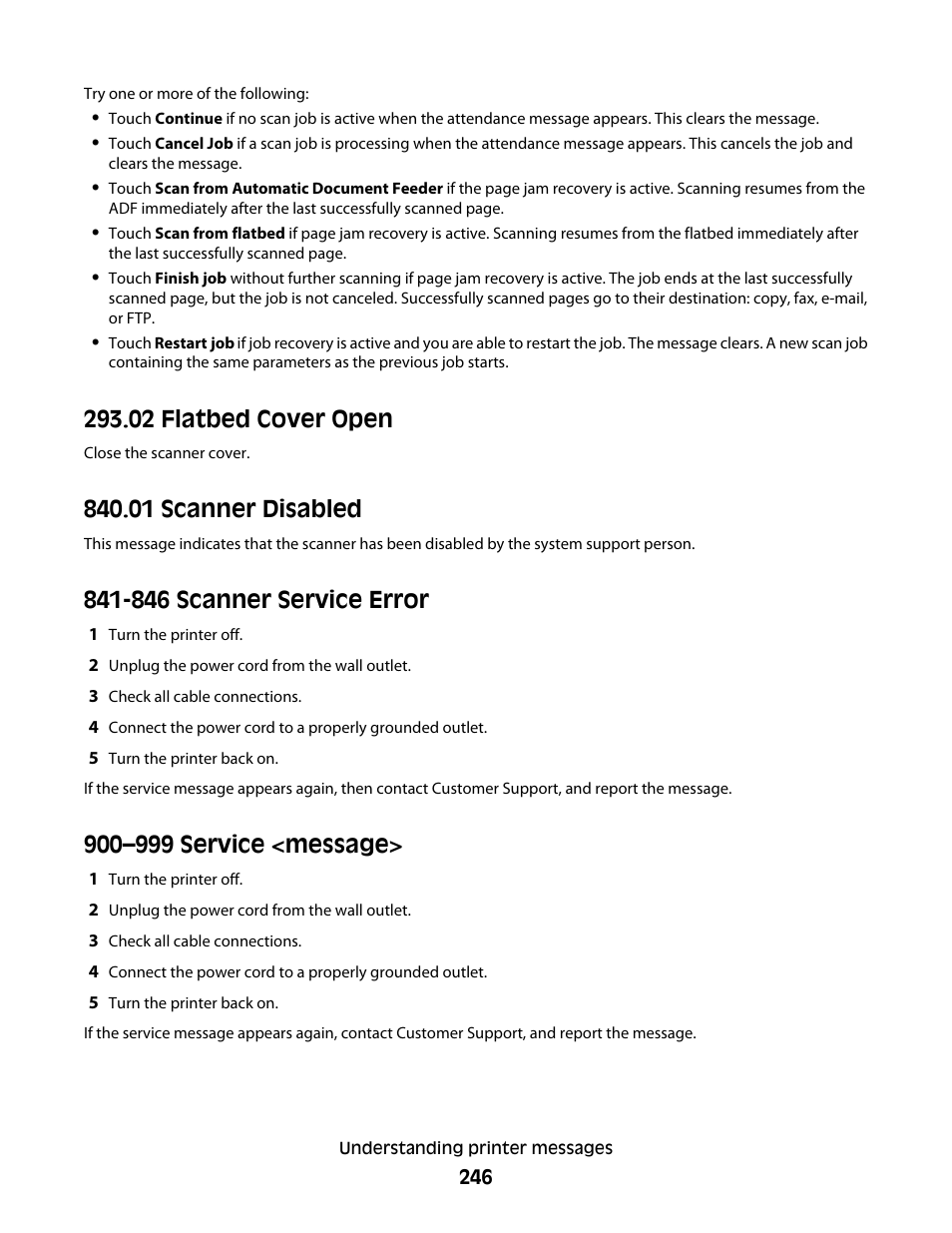02 flatbed cover open, 01 scanner disabled, 846 scanner service error | 900–999 service <message | Dell 5535dn Mono Laser MFP User Manual | Page 246 / 302