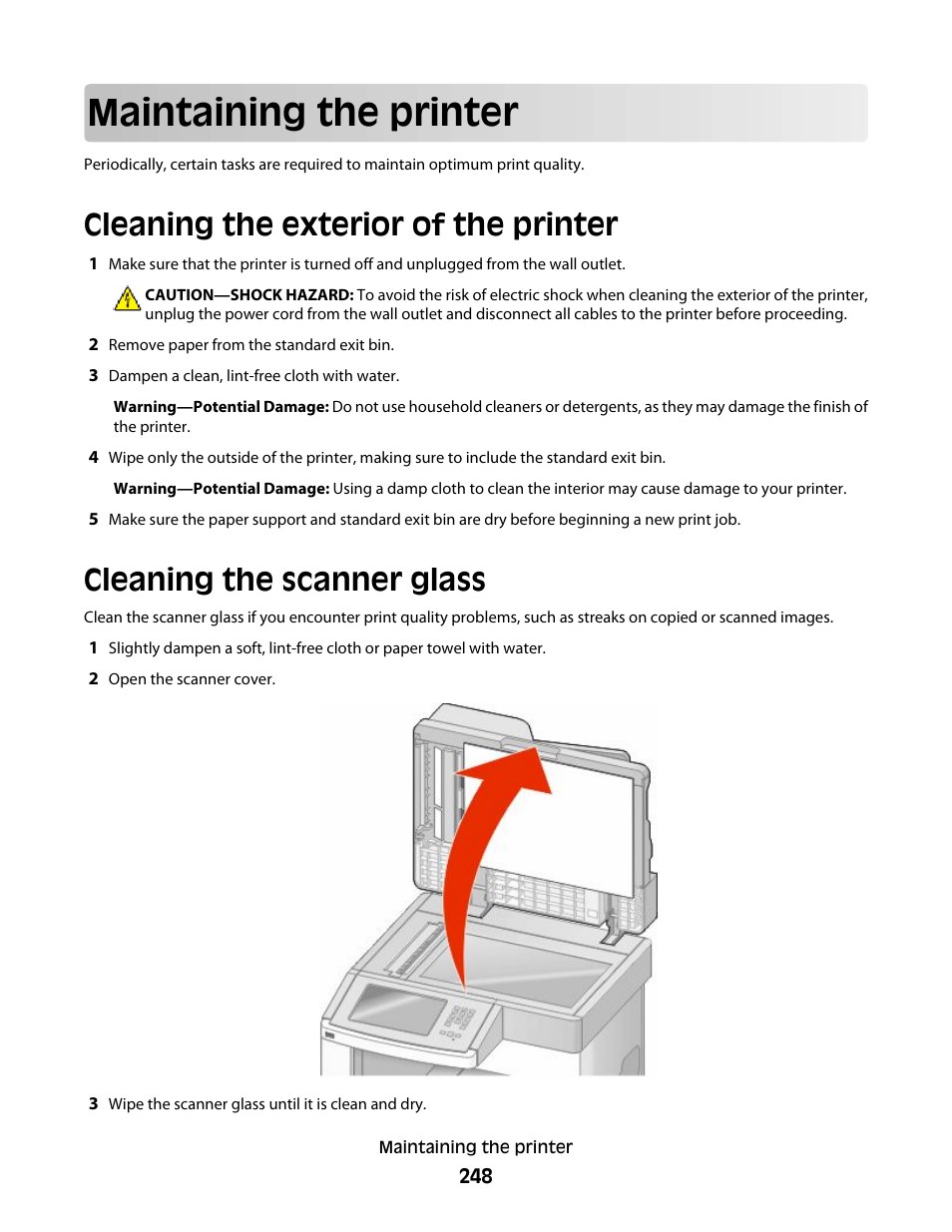 Maintaining the printer, Cleaning the exterior of the printer, Cleaning the scanner glass | Dell 5535dn Mono Laser MFP User Manual | Page 248 / 302