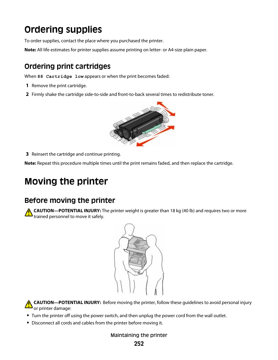 Ordering supplies, Ordering print cartridges, Moving the printer | Before moving the printer | Dell 5535dn Mono Laser MFP User Manual | Page 252 / 302