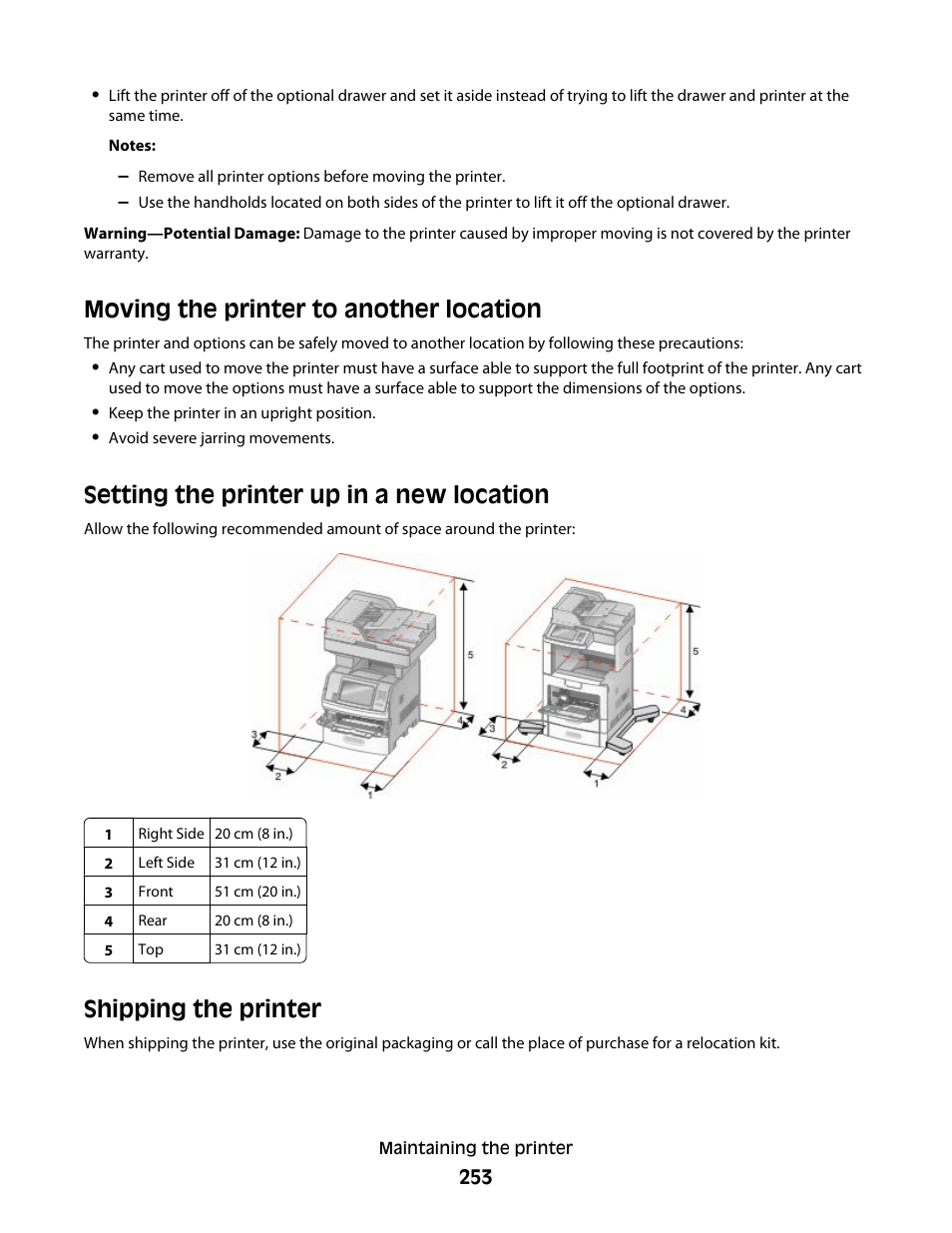 Moving the printer to another location, Setting the printer up in a new location, Shipping the printer | Dell 5535dn Mono Laser MFP User Manual | Page 253 / 302