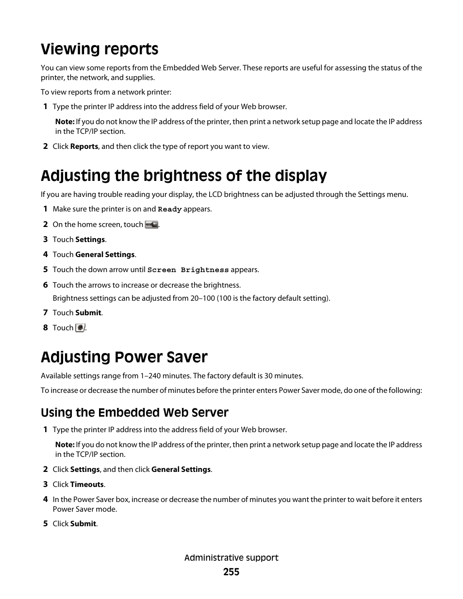 Viewing reports, Adjusting the brightness of the display, Adjusting power saver | Using the embedded web server | Dell 5535dn Mono Laser MFP User Manual | Page 255 / 302
